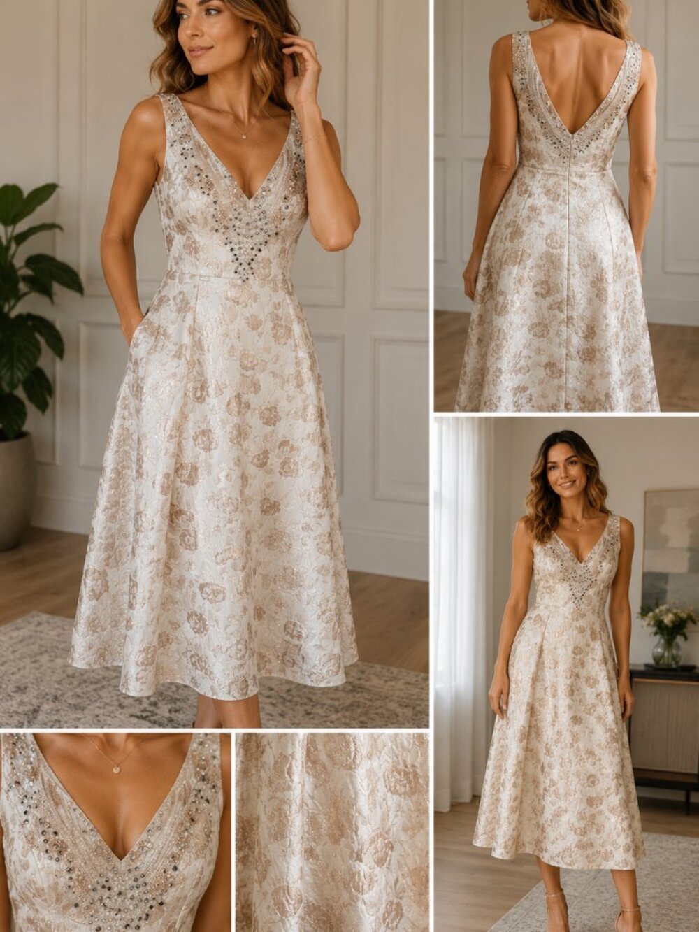NWT Aidan Mattox Beaded Brocade Midi Dress Size 12 Champagne Floral Formal